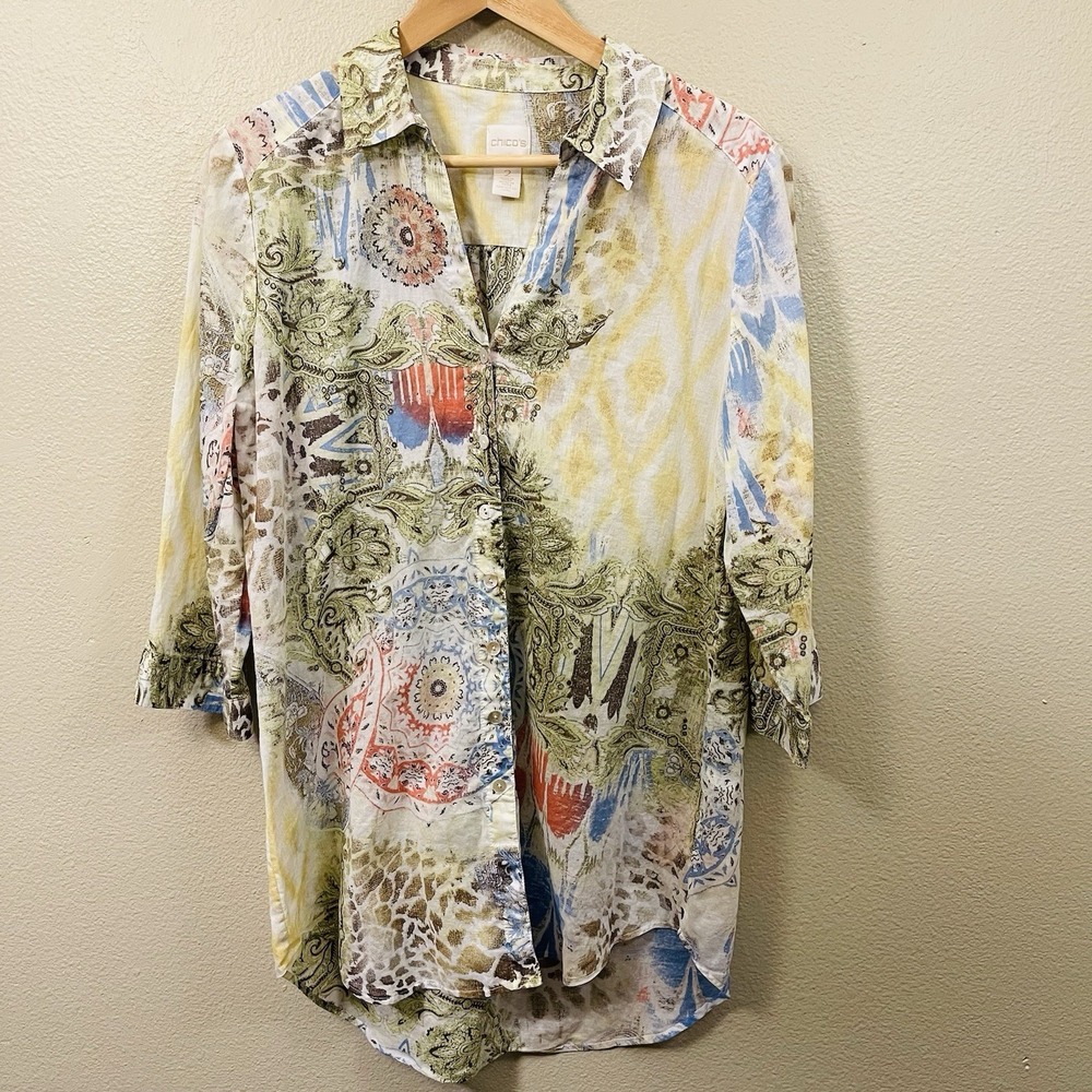 Chico's Sz 2 Floral Paisley Cotton Button Shirt Top 3/4 Sleeves Soft  Artsy EUC‎